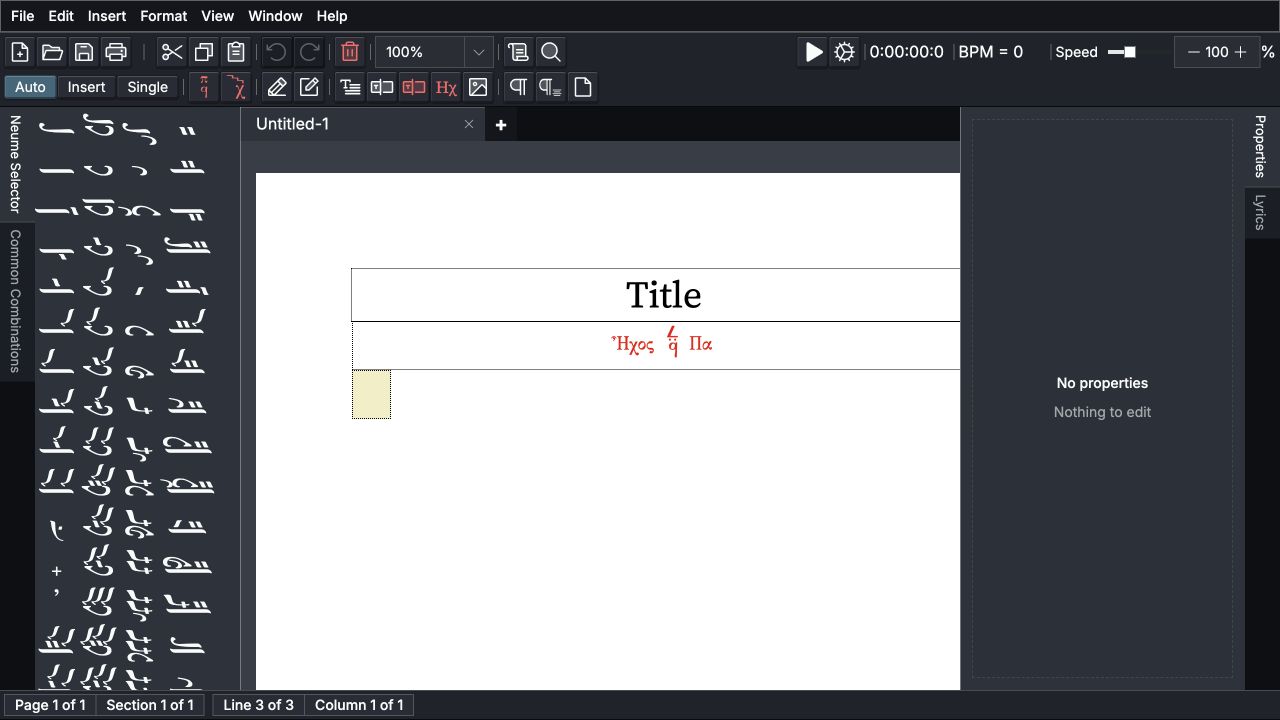 The Neanes editor in dark mode, with the main toolbar above the score, the Neume Selector on the left, Properties on the right, workspace tabs above the page, and the status bar below